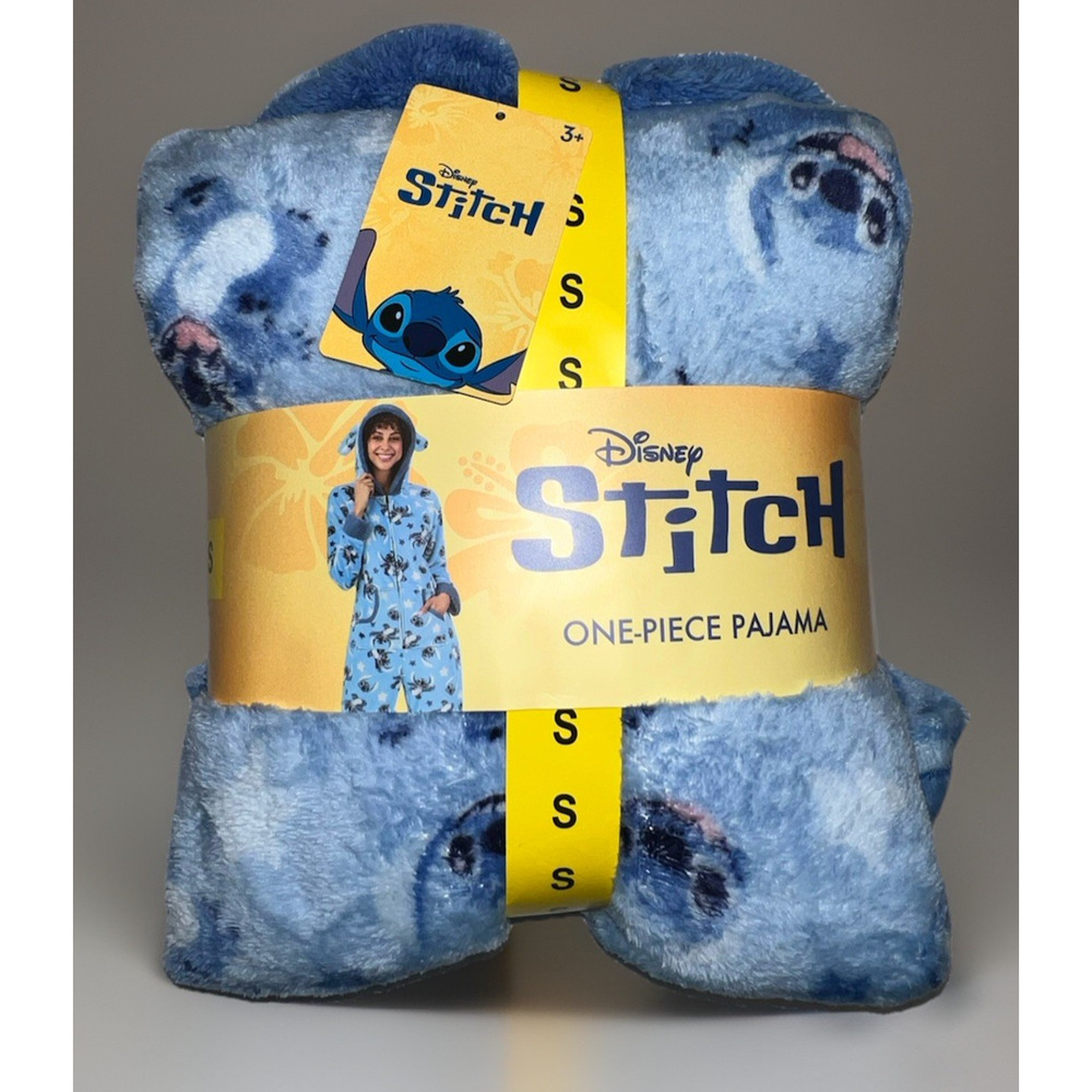 Disney Stitch One‑Piece Pajama Hooded Fleece Soft Jumpsuit Blue Adult Size S NWT